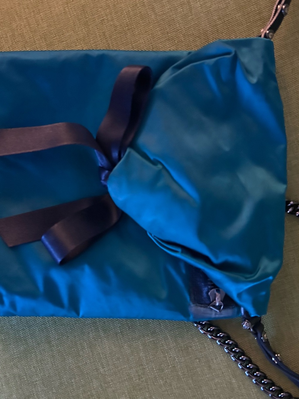 Teal Satin Crossbody Bag with Chain Strap and Ribbon Accent